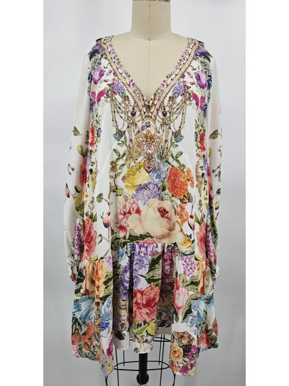 Camilla Sew Yesterday V-Neck Blouson Sleeve Mini Dress Womens XS Silk Crystals - Picture 2 of 12